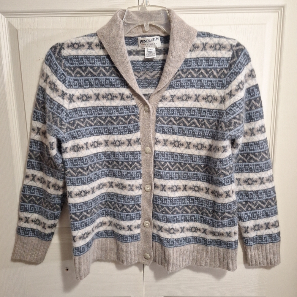 Pendleton Originals Oregon Nordic Pattern Wool Angora Cardigan-Blue/Tan-M